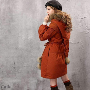 Womens Winter Parkas Raccoon Fur Hooded Winter Jacket For Women Lantern Sleeve Thick Warm Long Coat With Belt Ma10152D