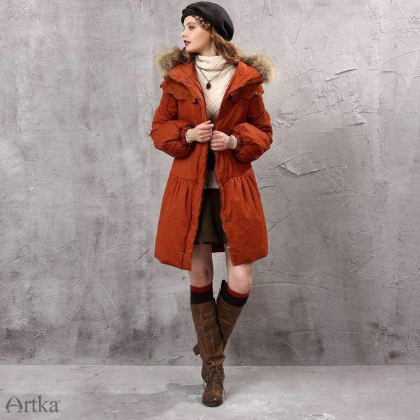 Planet Gates Orange / S Women's Winter Parkas Raccoon Fur Hooded Winter Jacket For Women Lantern Sleeve Thick Warm Long Coat With Belt MA10152D