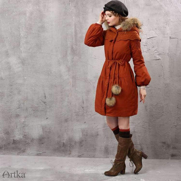 Planet Gates Orange / S Women's Winter Parkas Raccoon Fur Hooded Winter Jacket For Women Lantern Sleeve Thick Warm Long Coat With Belt MA10152D