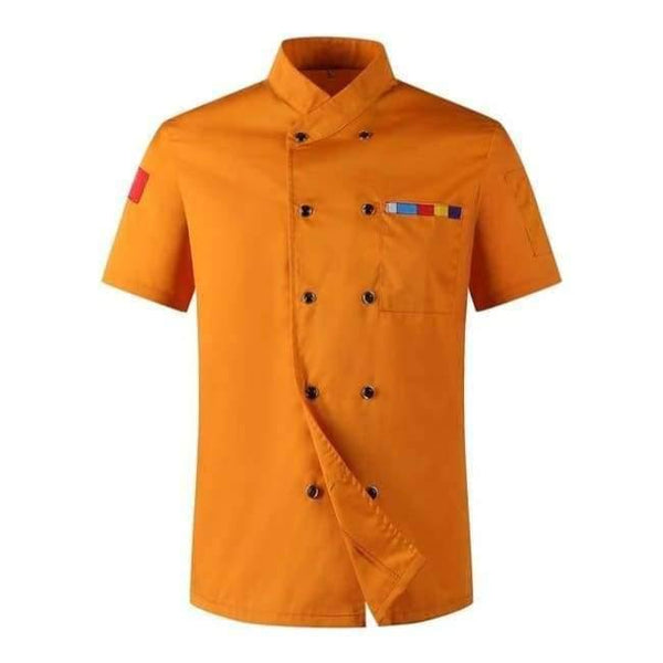 Planet Gates Orange / XL 5 Colors Hot Sale Unisex Kitchen Chef Uniforms Short Sleeve Breathable Double Breasted Jackets Food Services Cooking Shirt Apron