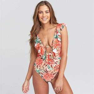 Planet Gates Orangeflora / S Sexy Ruffle One Piece Swimsuit Women Swimwear Push Up Monokini Bodysuit Print Swim Suit Backless Bathing Suit Beach Wear