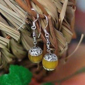 Planet Gates Original Ethnic Style Carved Tibetan Silver Cap Yellow Beeswax Beads Small Balls Earrings Sterling Silver Hooks