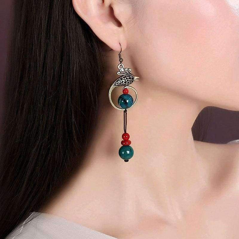 Planet Gates Original Phoenix Folk Style Earrings Chinese Handmade Retro Malachite Stone Beads Earrings Ethnic Jewelry