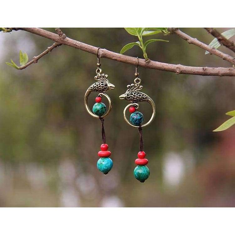 Planet Gates Original Phoenix Folk Style Earrings Chinese Handmade Retro Malachite Stone Beads Earrings Ethnic Jewelry