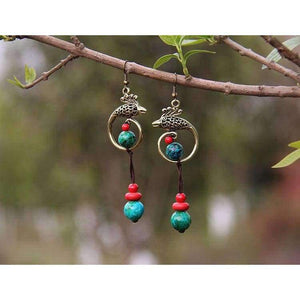 Planet Gates Original Phoenix Folk Style Earrings Chinese Handmade Retro Malachite Stone Beads Earrings Ethnic Jewelry