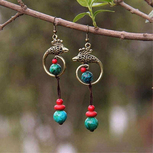 Planet Gates Original Phoenix Folk Style Earrings Chinese Handmade Retro Malachite Stone Beads Earrings Ethnic Jewelry