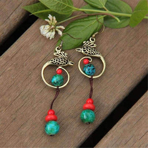 Planet Gates Original Phoenix Folk Style Earrings Chinese Handmade Retro Malachite Stone Beads Earrings Ethnic Jewelry