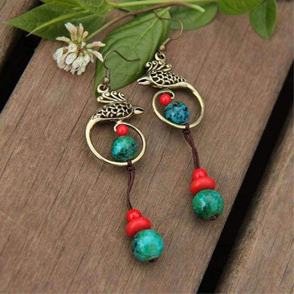 Planet Gates Original Phoenix Folk Style Earrings Chinese Handmade Retro Malachite Stone Beads Earrings Ethnic Jewelry