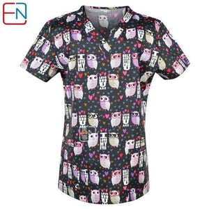 Planet Gates owls in brown / XXS Women Scrub Top With V-Neck 100% Cotton Print Surgical Medical Uniforms Hospital Nurse Scrub Tops For Women