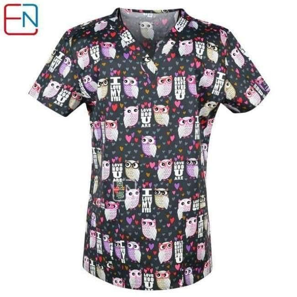 Planet Gates owls in brown / XXS Women Scrub Top With V-Neck 100% Cotton Print Surgical Medical Uniforms Hospital Nurse Scrub Tops For Women
