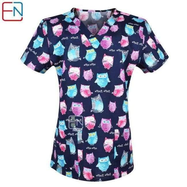 Planet Gates Owls / XXS Women Scrub Top With V-Neck 100% Cotton Print Surgical Medical Uniforms Hospital Nurse Scrub Tops For Women