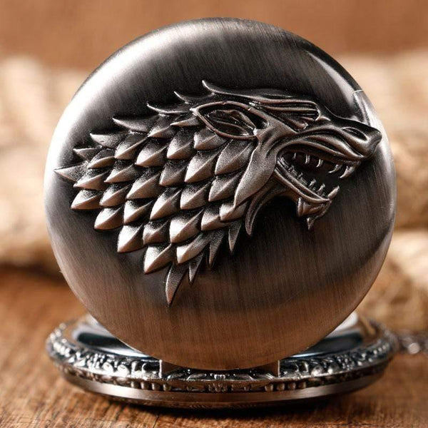 Planet Gates P1063 Stark House Crest Wolf Silver Bronze Quartz Pocket Watch Clock Antique Men Women Necklace Chain Gifts