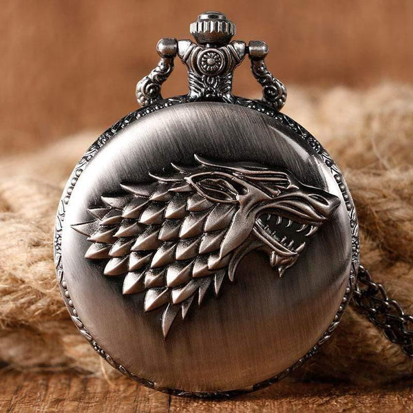 Planet Gates P1063 Stark House Crest Wolf Silver Bronze Quartz Pocket Watch Clock Antique Men Women Necklace Chain Gifts