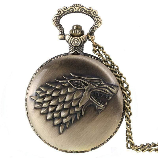 Planet Gates P1063 Stark House Crest Wolf Silver Bronze Quartz Pocket Watch Clock Antique Men Women Necklace Chain Gifts