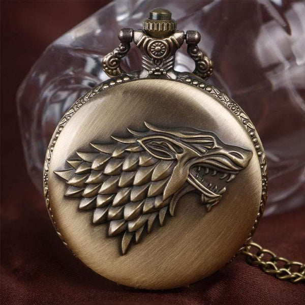 Planet Gates P1063 Stark House Crest Wolf Silver Bronze Quartz Pocket Watch Clock Antique Men Women Necklace Chain Gifts