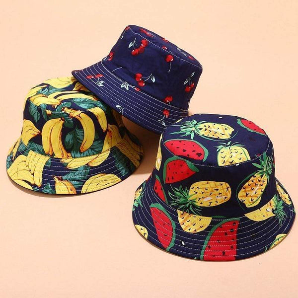 Planet Gates Panama Bucket Hats Women Men Reversible Fruit Banana Watermelon Cherry Print Fisherman Hat Casual Harajuku Hip Hop Bucket Cap