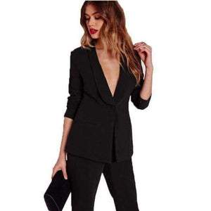 Planet Gates pant suits set / S Black Office pants Suit set  Female Casual Slim Elegant Women's Suits Coat V Neck Sexy Chic Set Suit Blazer or pants