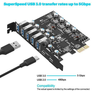 Planet Gates PCI-E to USB 3.0 7-Port Expansion Card, PCI Express USB 3.2 Add in Card, Internal USB3 Hub Converter for Desktop PC