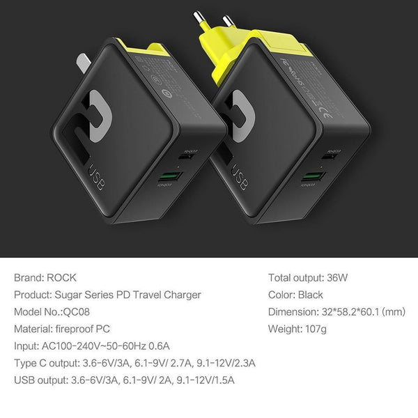 Planet Gates PD Fast Charging USB Charger for iPhone X 8 plus, ROCK 36W Quick Charge 3.0 Dual USB Charger QC3.0 &PD &FCP fast charging