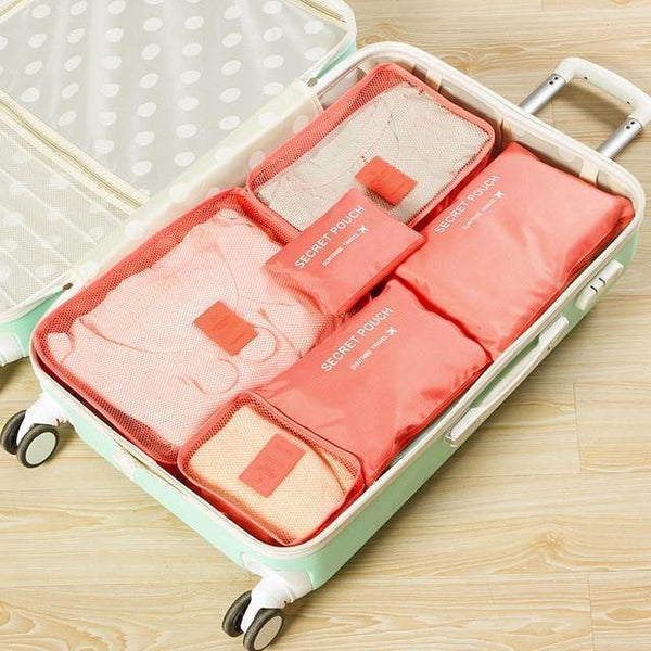 Planet Gates Peach 6pcs/set Fashion Double Zipper Waterproof Polyester Packing Cubes Men And Women Luggage Travel Bags Duffle Bag