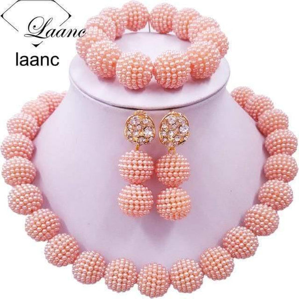 Planet Gates Peach African Beads Jewelry Set for Nigerian Wedding Simulated Pearl Necklace and Earrings SP1R004