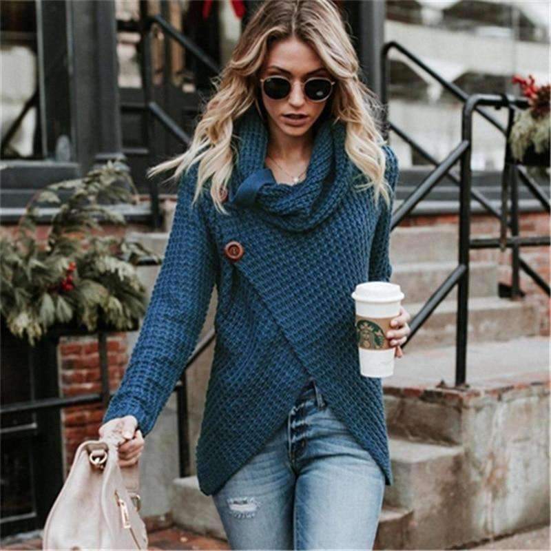 Planet Gates Peacock blue / S Autumn Women Knitted Sweater Buttons Loose Tops Winter Warm High Collar Irregular Sweaters