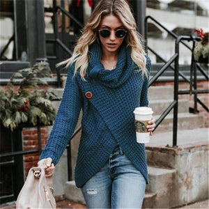 Planet Gates Peacock blue / S Autumn Women Knitted Sweater Buttons Loose Tops Winter Warm High Collar Irregular Sweaters