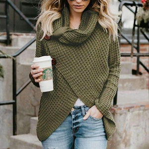 Planet Gates Peacock blue / S Autumn Women Knitted Sweater Buttons Loose Tops Winter Warm High Collar Irregular Sweaters