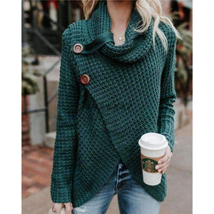 Planet Gates Peacock blue / S Autumn Women Knitted Sweater Buttons Loose Tops Winter Warm High Collar Irregular Sweaters