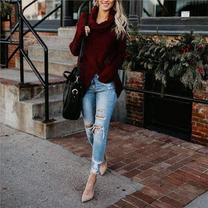 Planet Gates Peacock blue / S Autumn Women Knitted Sweater Buttons Loose Tops Winter Warm High Collar Irregular Sweaters