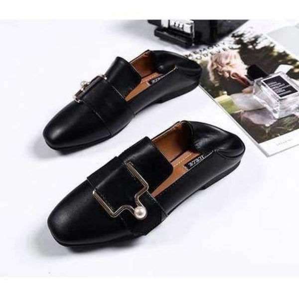 Planet Gates Pearl buckle black / 6 Women Flats Faux Genuine Leather Shoes Ladies Loafers Comfortable  Slip-on Moccasins Casual Shoes Women Boat Square Toe nude