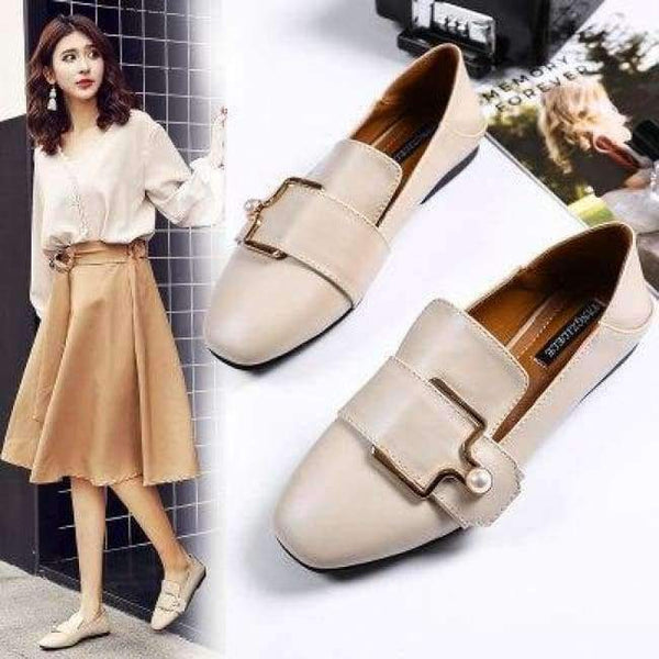 Planet Gates Pearl buckle nude / 6 Women Flats Faux Genuine Leather Shoes Ladies Loafers Comfortable  Slip-on Moccasins Casual Shoes Women Boat Square Toe nude
