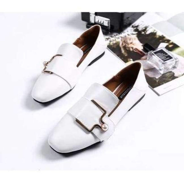 Planet Gates Pearl buckle white / 6 Women Flats Faux Genuine Leather Shoes Ladies Loafers Comfortable  Slip-on Moccasins Casual Shoes Women Boat Square Toe nude