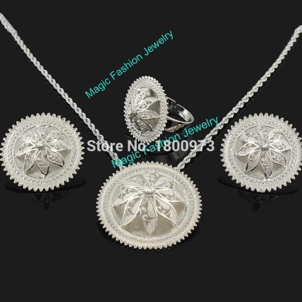 Planet Gates Pendant/Earrings/Ring/Necklace Jewelry Silver Plated Habesha Jewelry African 4PCS Wedding Jewelry Sets