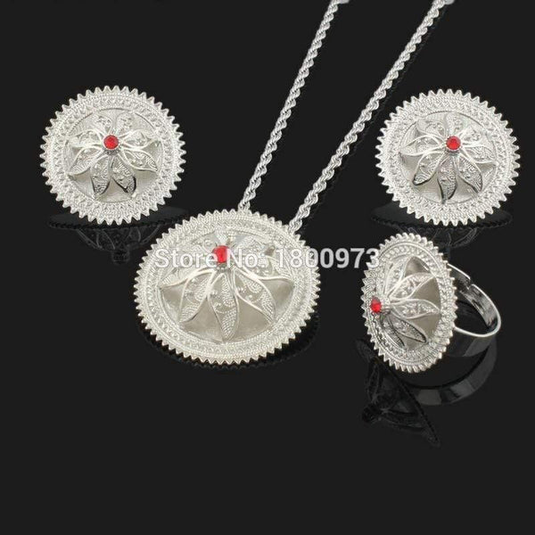 Planet Gates Pendant/Earrings/Ring/Necklace Jewelry Silver Plated Habesha Jewelry African 4PCS Wedding Jewelry Sets