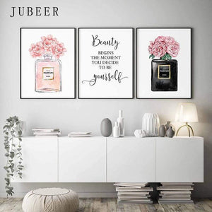 Planet Gates Perfume Bottle Wall Art Perfume Posters and Prints Beauty Begins Quote Print Watercolor Flower Pictures Bedroom Decoration