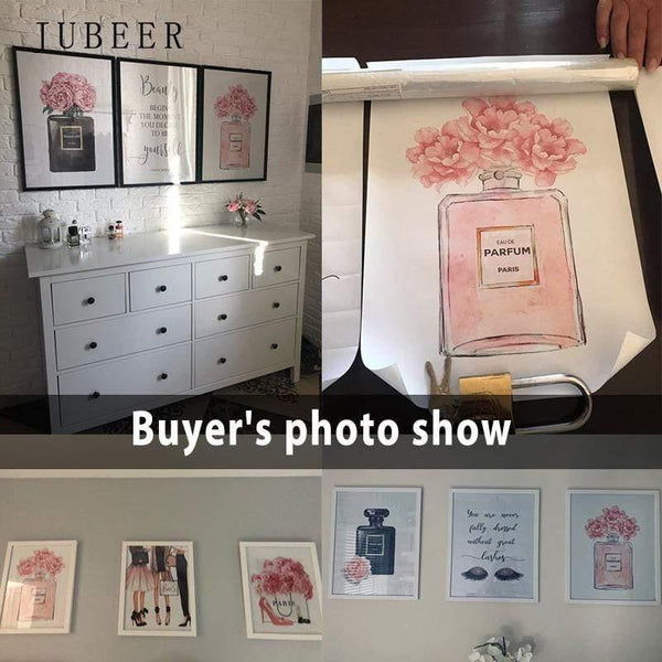 Planet Gates Perfume Bottle Wall Art Perfume Posters and Prints Beauty Begins Quote Print Watercolor Flower Pictures Bedroom Decoration