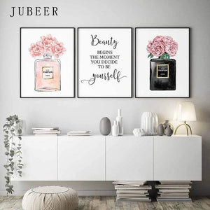 Planet Gates Perfume Bottle Wall Art Perfume Posters and Prints Beauty Begins Quote Print Watercolor Flower Pictures Bedroom Decoration