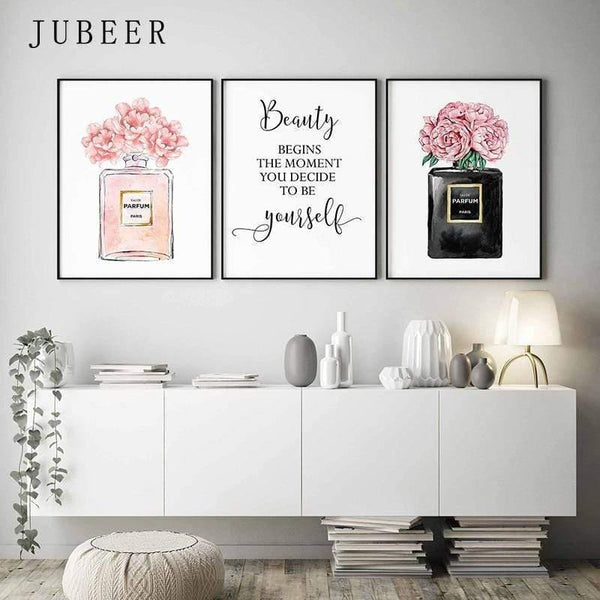 Planet Gates Perfume Bottle Wall Art Perfume Posters and Prints Beauty Begins Quote Print Watercolor Flower Pictures Bedroom Decoration