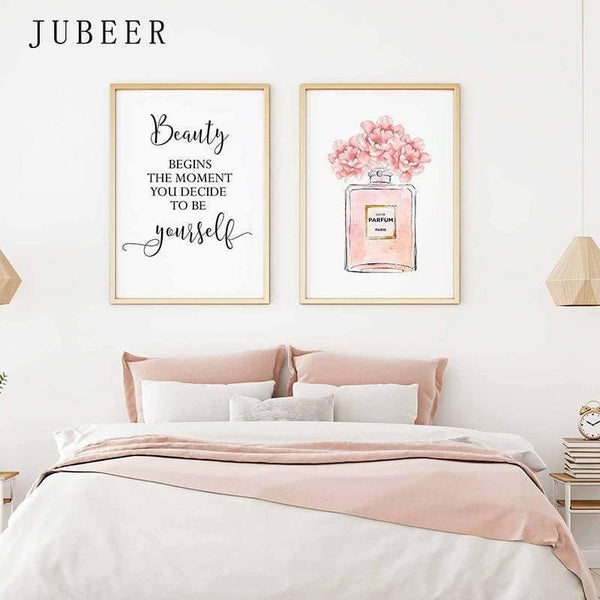 Planet Gates Perfume Bottle Wall Art Perfume Posters and Prints Beauty Begins Quote Print Watercolor Flower Pictures Bedroom Decoration