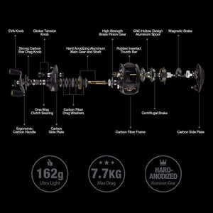 Planet Gates Phantom Fishing Reel Carbon Fiber Ultralight 162g Dual Brake 7.7kg Max Drag 7.0:1 Gear Ratio Lake Baitcasting Reel