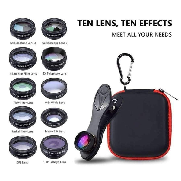 Planet Gates Phone lens kit universal 10 in 1 Fisheye Wide Angle macro Lens CPL Filter Kaleidoscope+2X telescope Lens for smartphone