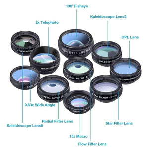 Planet Gates Phone lens kit universal 10 in 1 Fisheye Wide Angle macro Lens CPL Filter Kaleidoscope+2X telescope Lens for smartphone