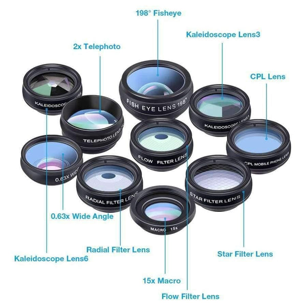Planet Gates Phone lens kit universal 10 in 1 Fisheye Wide Angle macro Lens CPL Filter Kaleidoscope+2X telescope Lens for smartphone