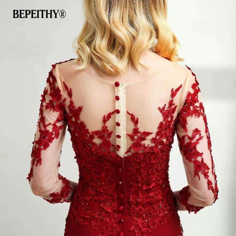 Planet Gates PHOTO COLOR / 6 O-neck Mermaid Long Evening Dress Sheer Three Quarter Sleeves Elegant Floor Length Dark Red Prom Dresses 2018 New