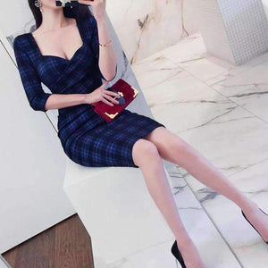 Planet Gates photo color / S Fashion womens new arrival plaid wild personality high quality slim sexy autumn v-neck temperament comfortable pencil dress