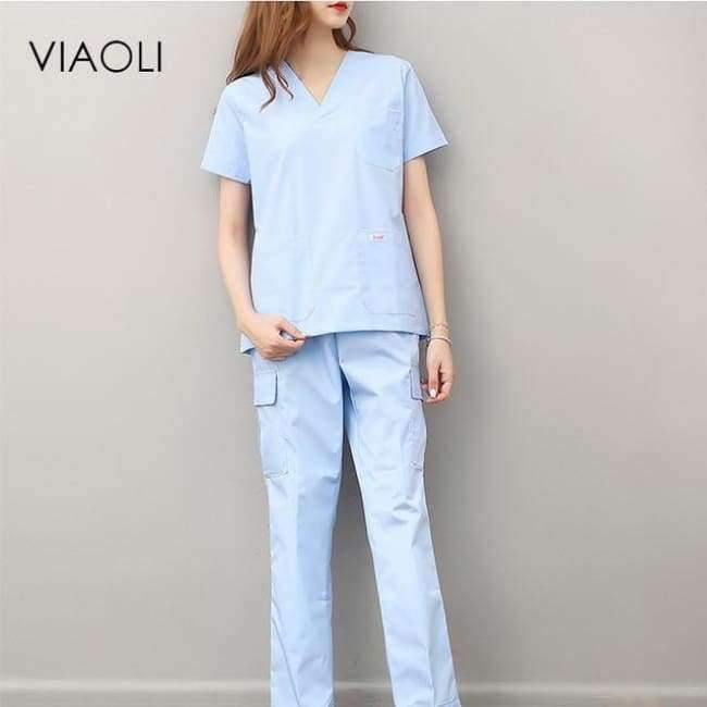 Planet Gates Blue / L Women and men Medical Uniforms Nursing Scrubs Clothes Short Sleeve coat Doctor Clothing  Brush hand clothing v-collar