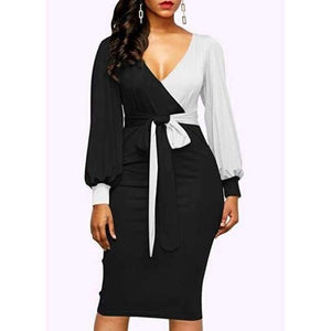 Planet Gates photo1 / S New Elegant Women V-Neck Patchwork Colorblock Side Slit Business Office Party Bodycon Dress Plus Size slim Dressese