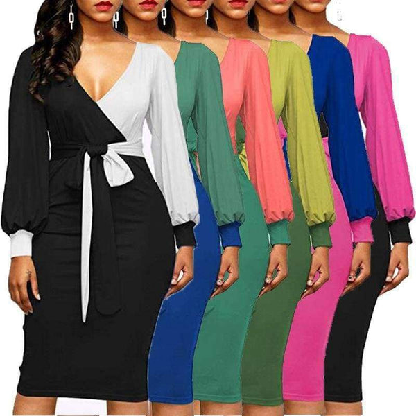 Planet Gates photo1 / S New Elegant Women V-Neck Patchwork Colorblock Side Slit Business Office Party Bodycon Dress Plus Size slim Dressese