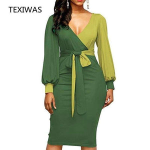 Planet Gates photo1 / S New Elegant Women V-Neck Patchwork Colorblock Side Slit Business Office Party Bodycon Dress Plus Size slim Dressese